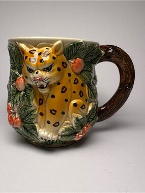 Vintage 80’s Takahashi San Francisco Hand Painted 3D Leopard Jungle Coffee Mug